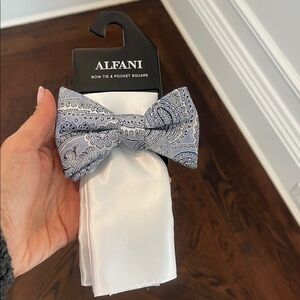 Alfani Blue and  white Paisley Bow Tie Set